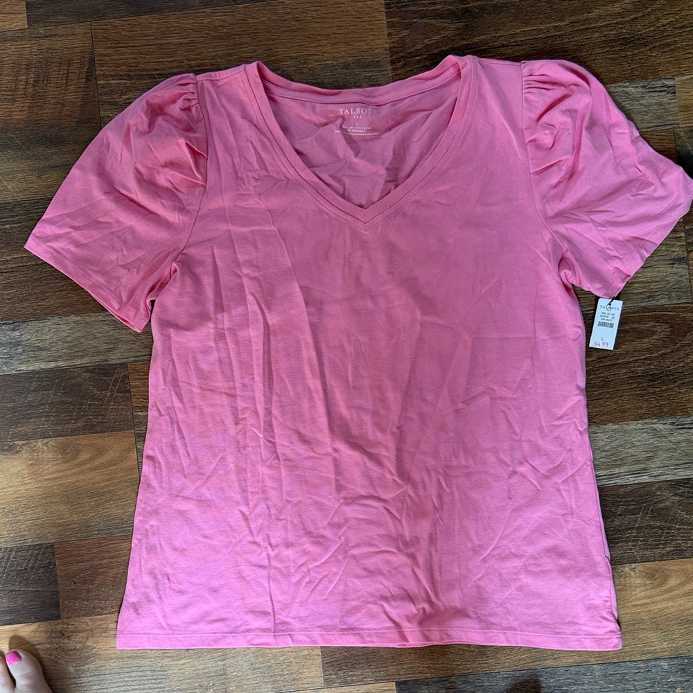 Talbots Pink V-Neck Short Puff Sleeve Tee